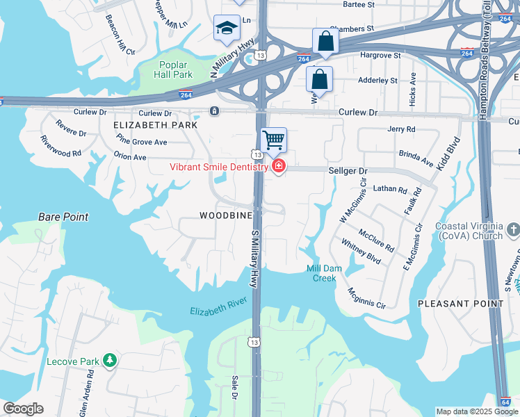 map of restaurants, bars, coffee shops, grocery stores, and more near S Military Hwy & Corporate Blvd in Norfolk