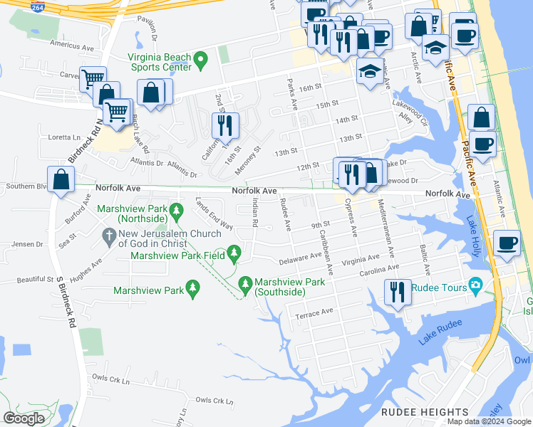 map of restaurants, bars, coffee shops, grocery stores, and more near 1009 Indian Road in Virginia Beach