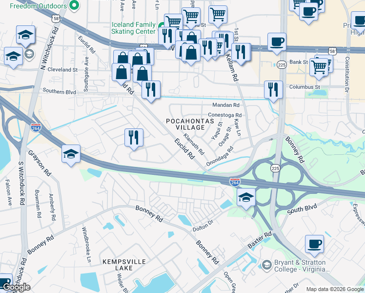 map of restaurants, bars, coffee shops, grocery stores, and more near Narragansett Drive in Virginia Beach