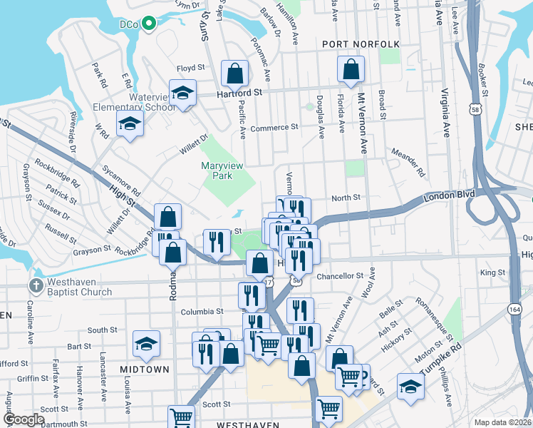 map of restaurants, bars, coffee shops, grocery stores, and more near 2504 Cambridge Avenue in Portsmouth