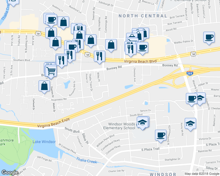 map of restaurants, bars, coffee shops, grocery stores, and more near 122 Greendale Road in Virginia Beach