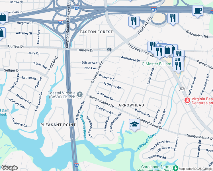 map of restaurants, bars, coffee shops, grocery stores, and more near 5816 North Ottawa Road in Virginia Beach