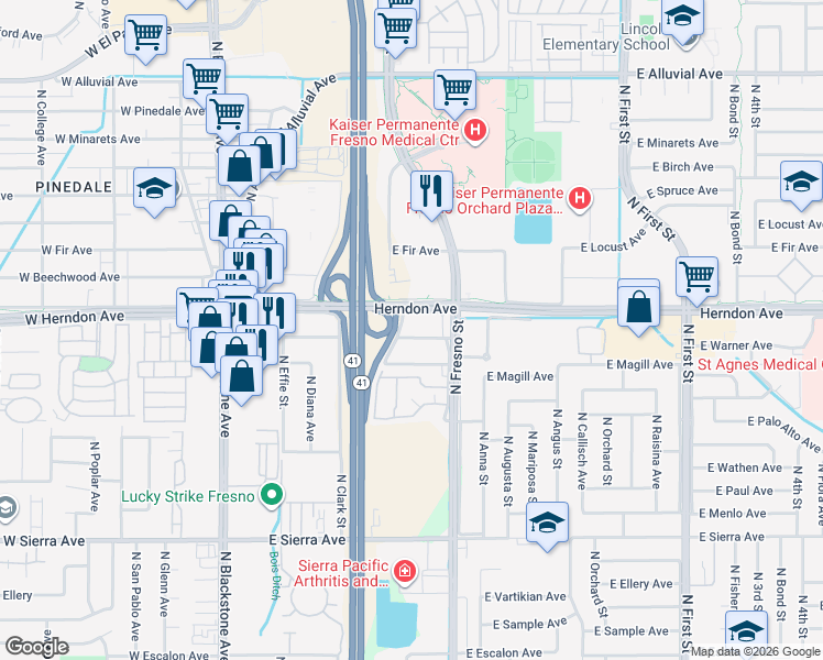 map of restaurants, bars, coffee shops, grocery stores, and more near 343 East Herndon Avenue in Fresno