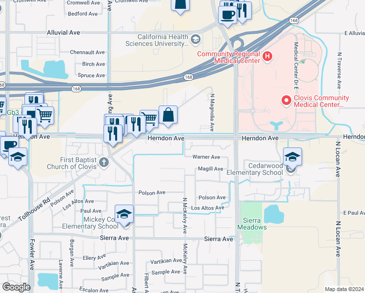map of restaurants, bars, coffee shops, grocery stores, and more near 382 North McKelvy Avenue in Clovis