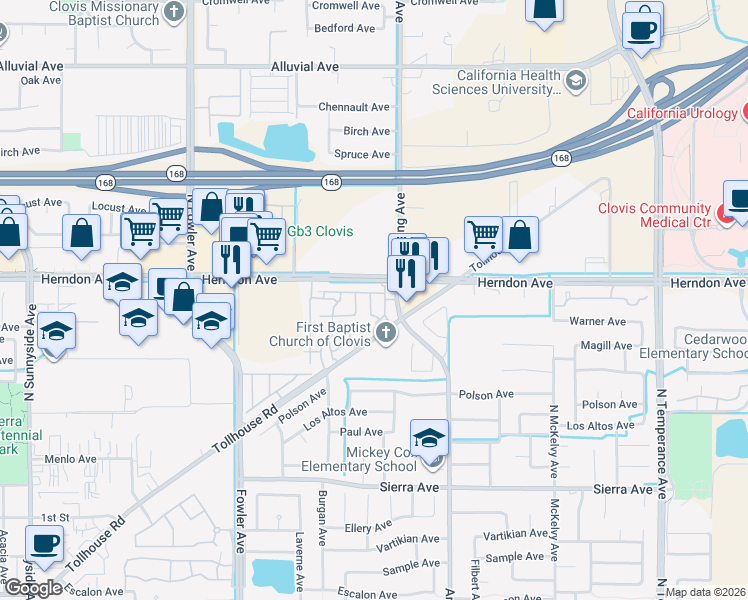 map of restaurants, bars, coffee shops, grocery stores, and more near 2189 Boccioni Lane in Clovis