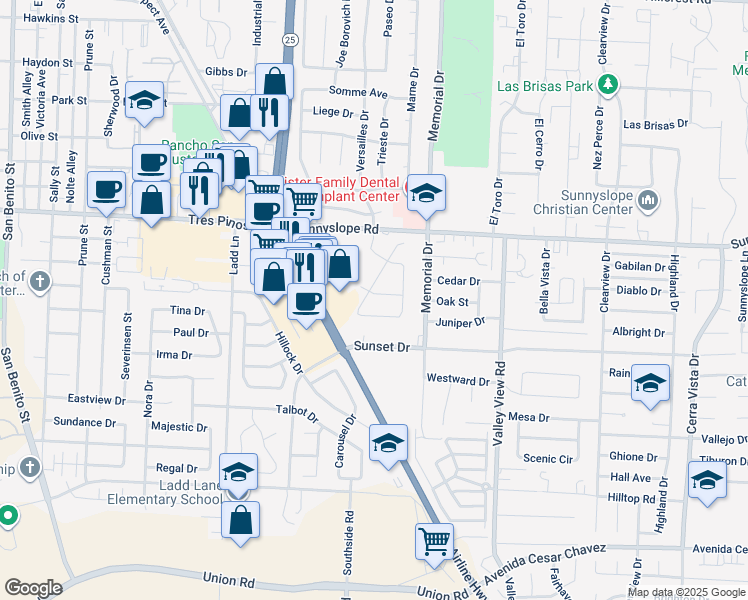 map of restaurants, bars, coffee shops, grocery stores, and more near 1620 Liberty Drive in Hollister