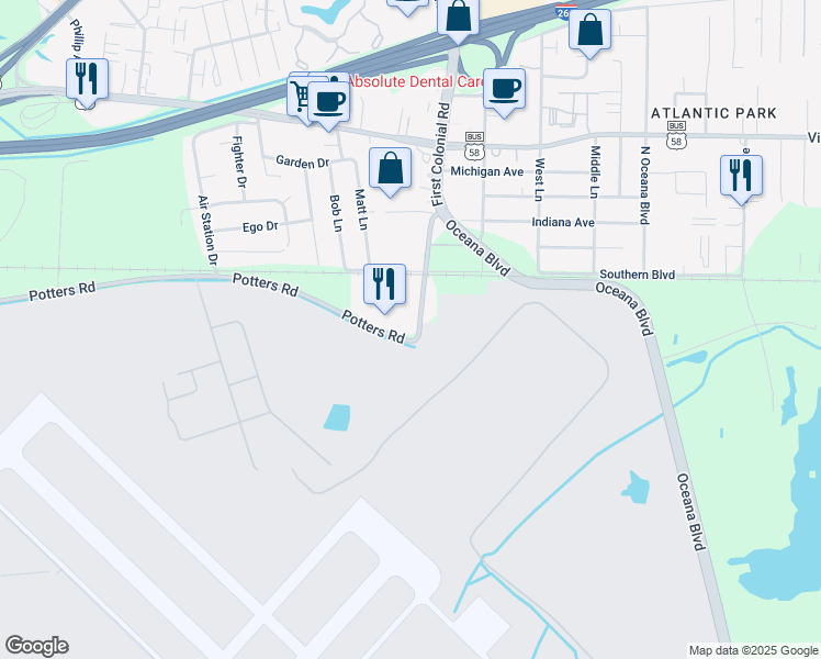 map of restaurants, bars, coffee shops, grocery stores, and more near 133 South First Colonial Road in Virginia Beach