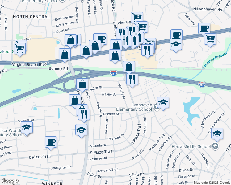 map of restaurants, bars, coffee shops, grocery stores, and more near 3521 Hilber Street in Virginia Beach