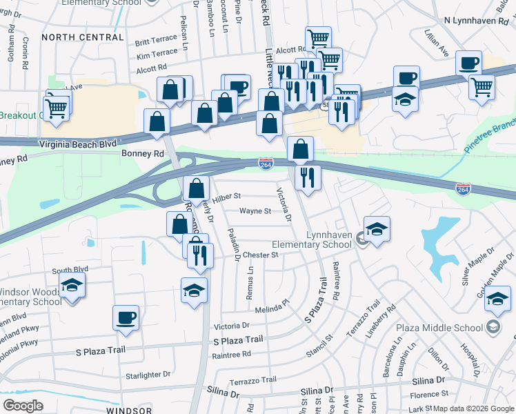 map of restaurants, bars, coffee shops, grocery stores, and more near 3521 Hilber Street in Virginia Beach