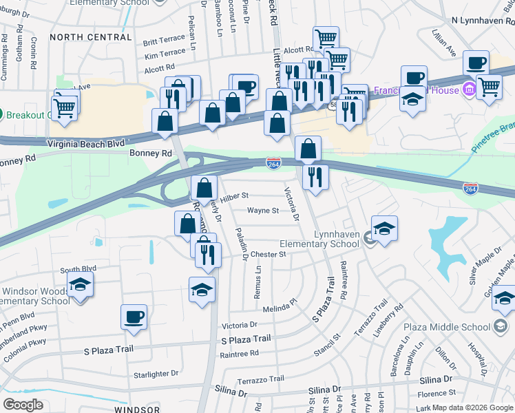 map of restaurants, bars, coffee shops, grocery stores, and more near 3521 Hilber Street in Virginia Beach
