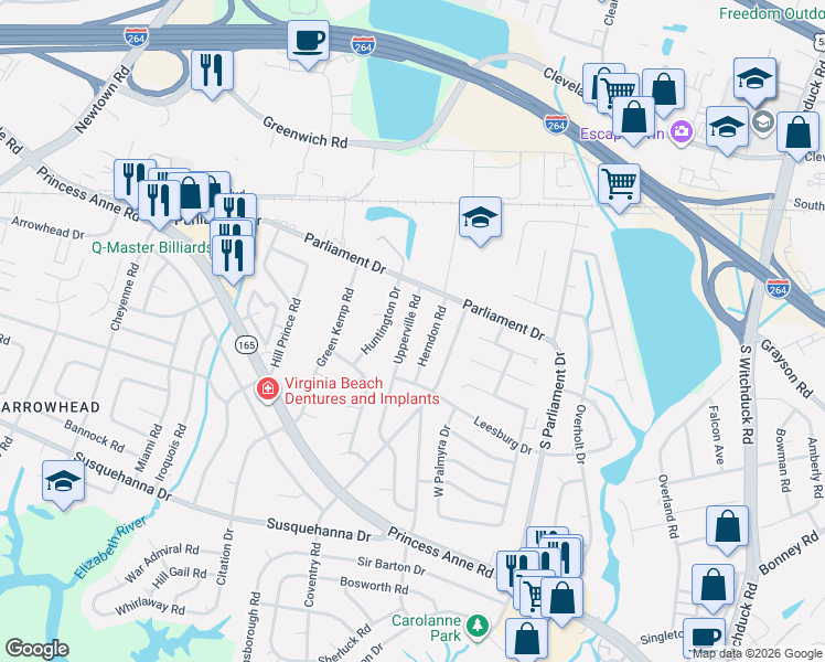 map of restaurants, bars, coffee shops, grocery stores, and more near 165 Upperville Road in Virginia Beach