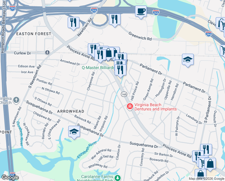 map of restaurants, bars, coffee shops, grocery stores, and more near 5560 Hatteras Road in Virginia Beach