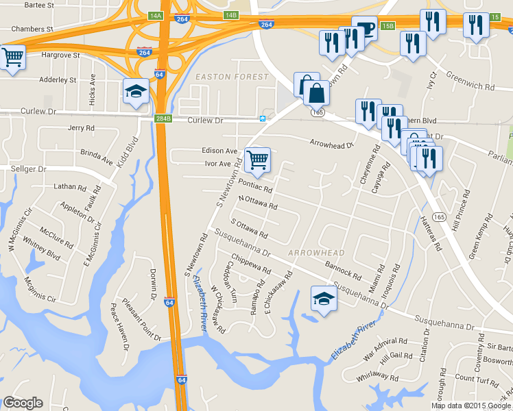 map of restaurants, bars, coffee shops, grocery stores, and more near 5816 North Ottawa Road in Virginia Beach
