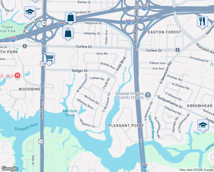 map of restaurants, bars, coffee shops, grocery stores, and more near 221 Faulk Road in Norfolk
