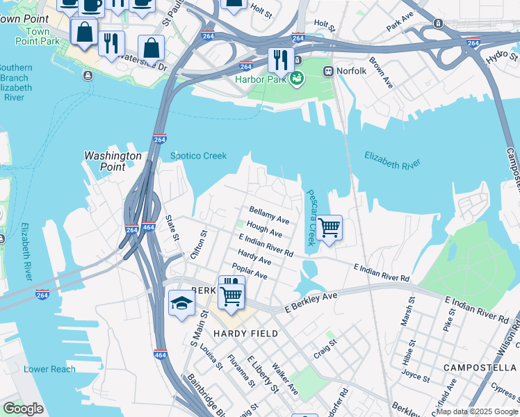 map of restaurants, bars, coffee shops, grocery stores, and more near 202 South Main Street in Norfolk