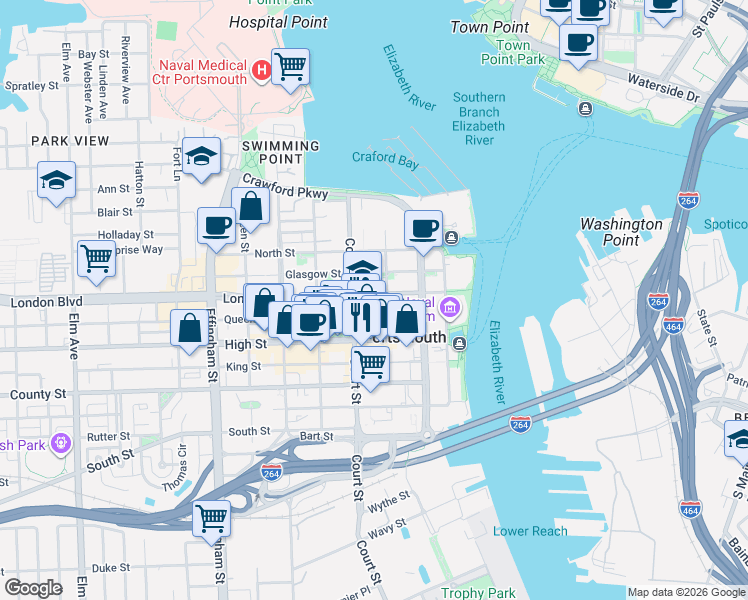 map of restaurants, bars, coffee shops, grocery stores, and more near 328 London Street in Portsmouth