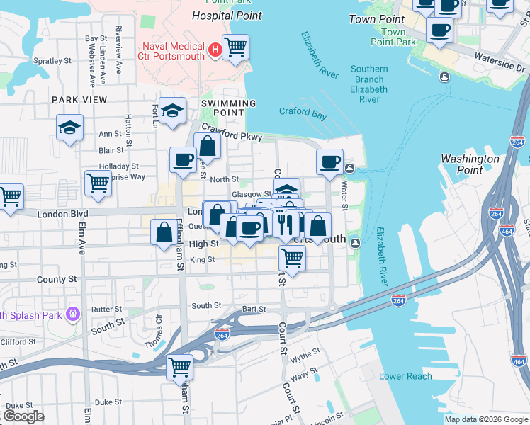 map of restaurants, bars, coffee shops, grocery stores, and more near 420 London Street in Portsmouth