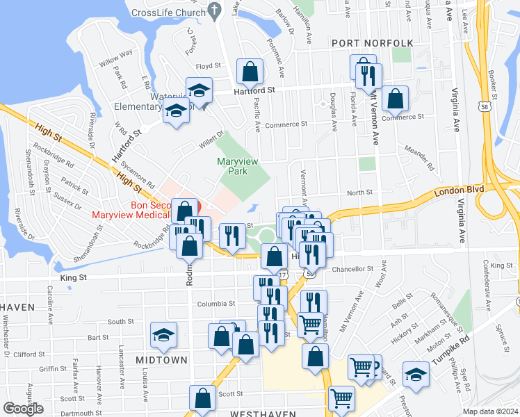 map of restaurants, bars, coffee shops, grocery stores, and more near 2504 Cambridge Avenue in Portsmouth