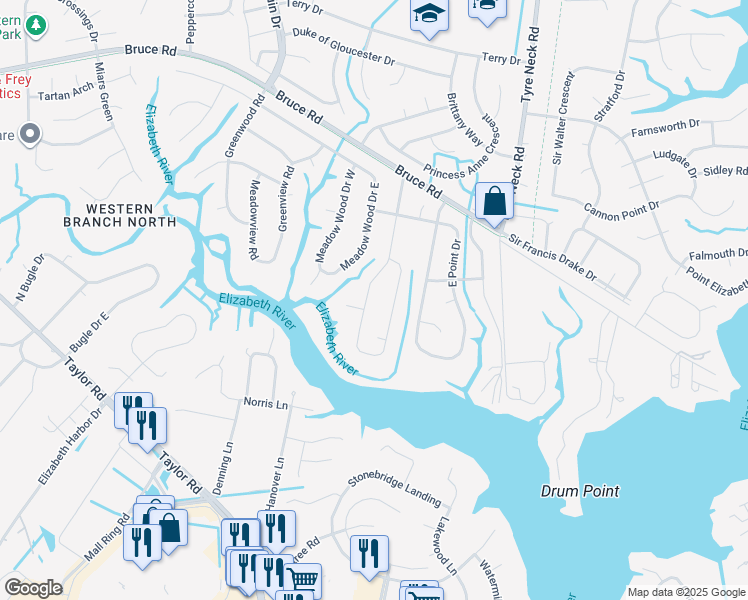 map of restaurants, bars, coffee shops, grocery stores, and more near 2716 West Meadow Drive in Chesapeake