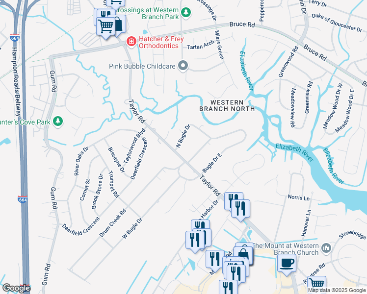 map of restaurants, bars, coffee shops, grocery stores, and more near 2209 West Bugle Drive in Chesapeake