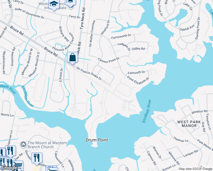 map of restaurants, bars, coffee shops, grocery stores, and more near 3834 Sir Francis Drake Drive in Chesapeake