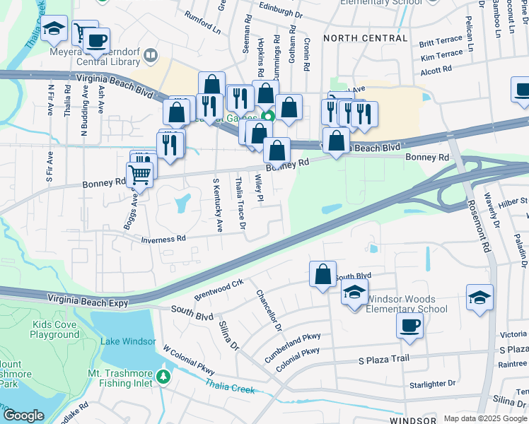 map of restaurants, bars, coffee shops, grocery stores, and more near 3907 Pollypine Drive in Virginia Beach