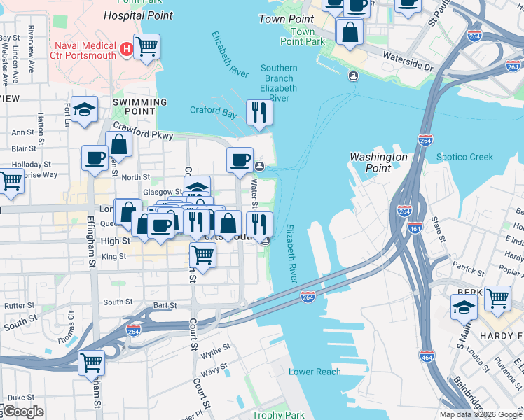 map of restaurants, bars, coffee shops, grocery stores, and more near 475 Water Street in Portsmouth