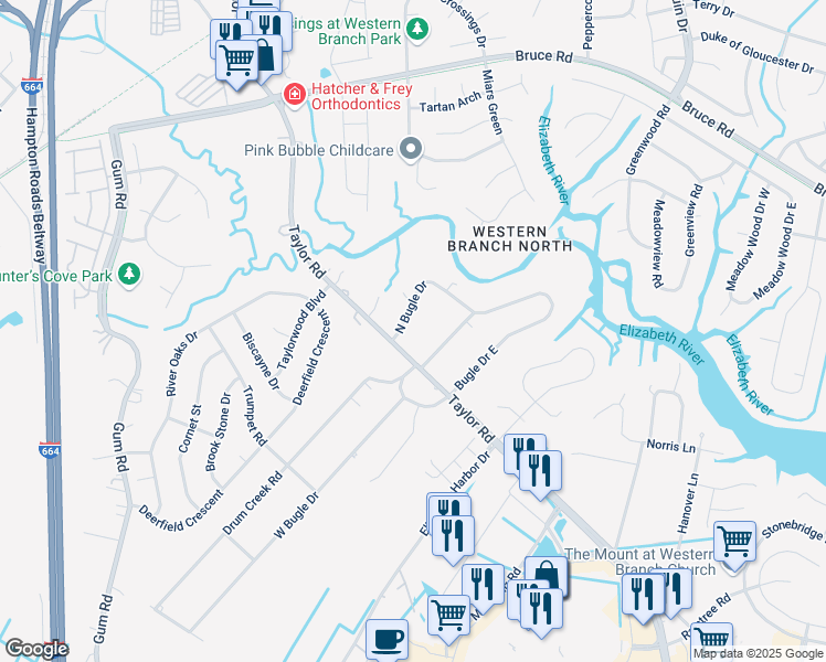map of restaurants, bars, coffee shops, grocery stores, and more near 2209 West Bugle Drive in Chesapeake