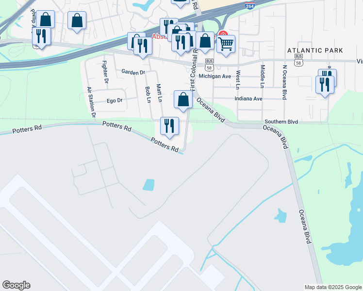 map of restaurants, bars, coffee shops, grocery stores, and more near 133 South First Colonial Road in Virginia Beach