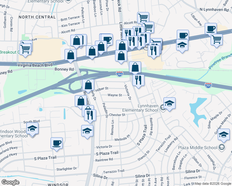 map of restaurants, bars, coffee shops, grocery stores, and more near 3521 Hilber Street in Virginia Beach