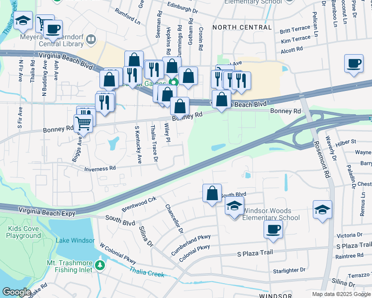 map of restaurants, bars, coffee shops, grocery stores, and more near 120 Greendale Road in Virginia Beach