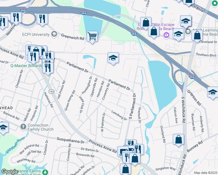 map of restaurants, bars, coffee shops, grocery stores, and more near 166 Coventry Road in Virginia Beach