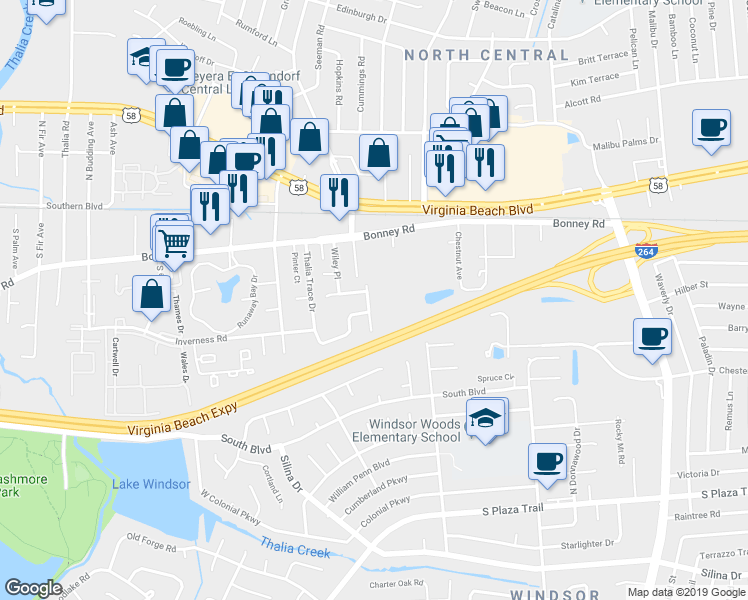 map of restaurants, bars, coffee shops, grocery stores, and more near 120 Greendale Road in Virginia Beach