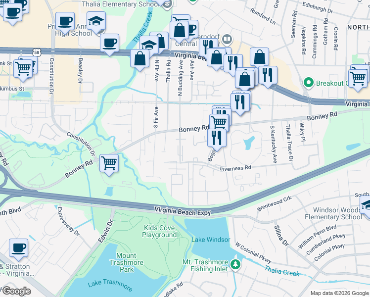 map of restaurants, bars, coffee shops, grocery stores, and more near 156 South Budding Avenue in Virginia Beach