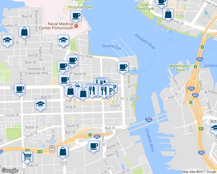 map of restaurants, bars, coffee shops, grocery stores, and more near 319 London Street in Portsmouth