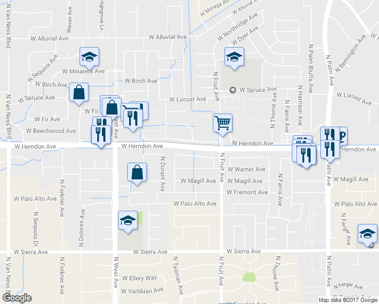 map of restaurants, bars, coffee shops, grocery stores, and more near 1522 West Millbrae Avenue in Fresno