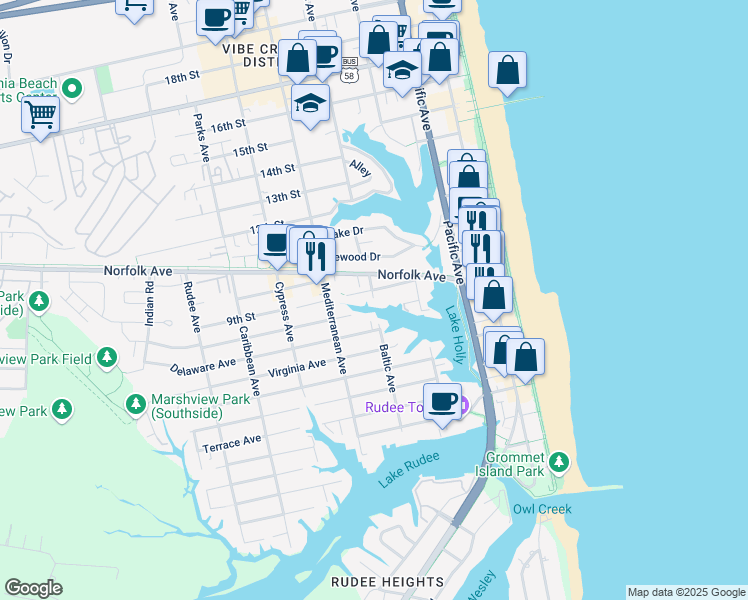 map of restaurants, bars, coffee shops, grocery stores, and more near 809 Baltic Walk in Virginia Beach