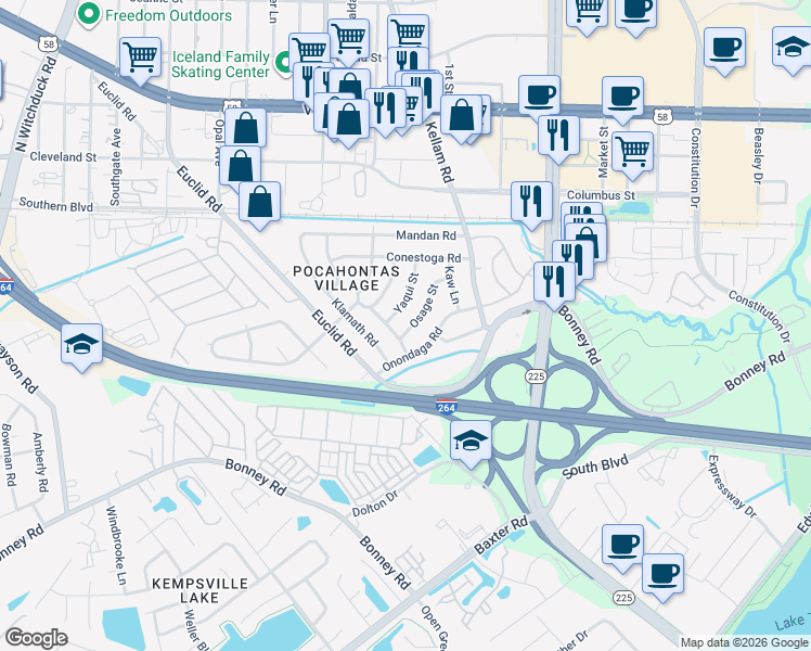 map of restaurants, bars, coffee shops, grocery stores, and more near 148 Yaqui Street in Virginia Beach