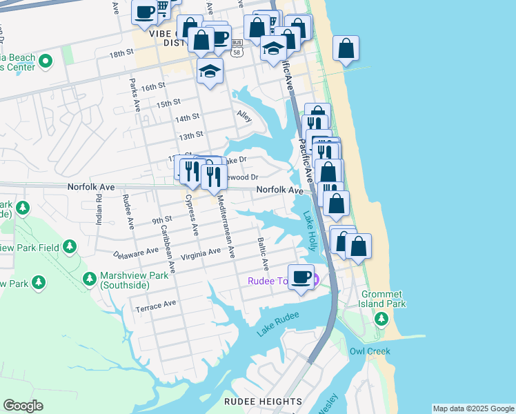 map of restaurants, bars, coffee shops, grocery stores, and more near 809 Baltic Walk in Virginia Beach