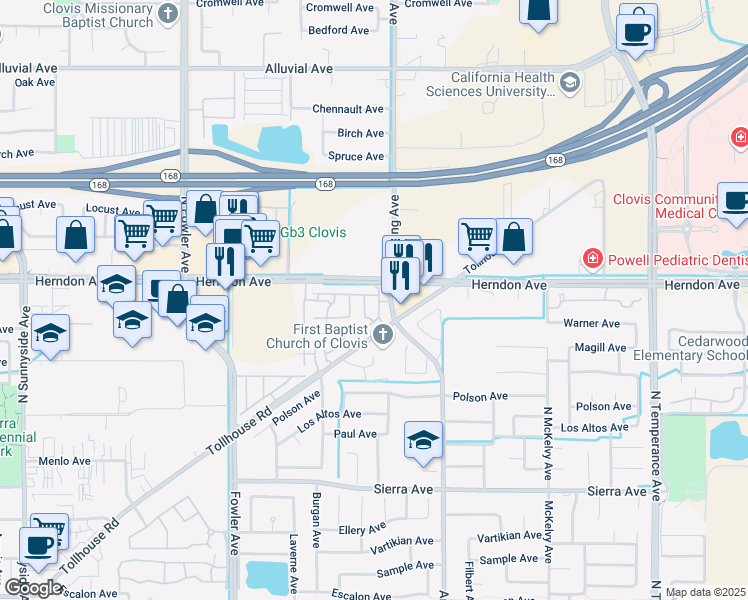 map of restaurants, bars, coffee shops, grocery stores, and more near 2189 Boccioni Lane in Clovis