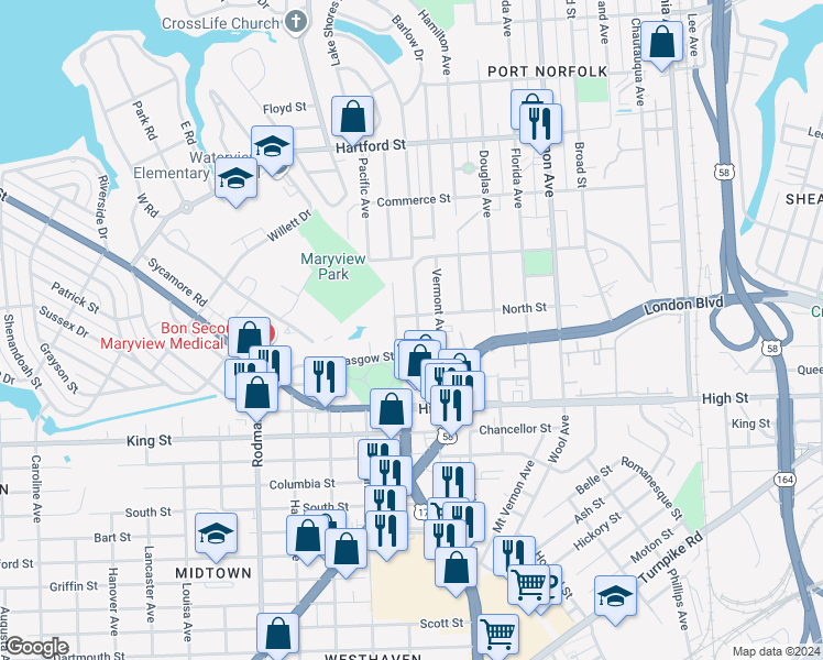 map of restaurants, bars, coffee shops, grocery stores, and more near 1006 Potomac Avenue in Portsmouth