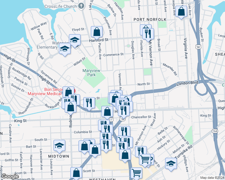 map of restaurants, bars, coffee shops, grocery stores, and more near 1006 Potomac Avenue in Portsmouth