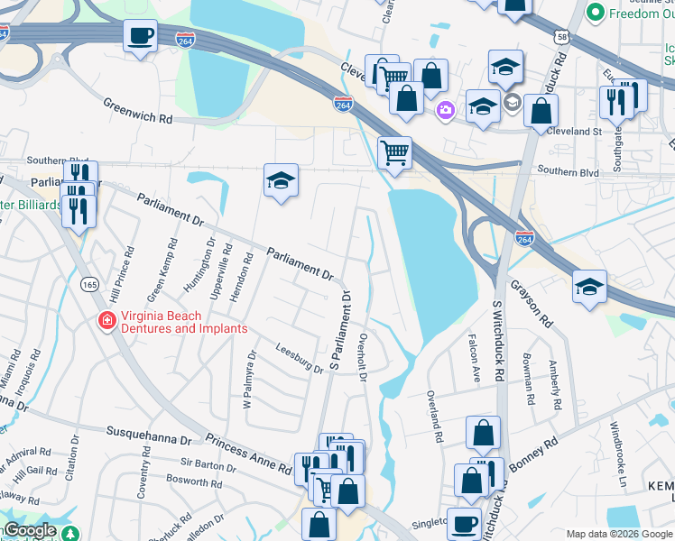 map of restaurants, bars, coffee shops, grocery stores, and more near 144 South Parliament Drive in Virginia Beach