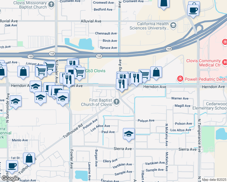 map of restaurants, bars, coffee shops, grocery stores, and more near 2189 Boccioni Lane in Clovis