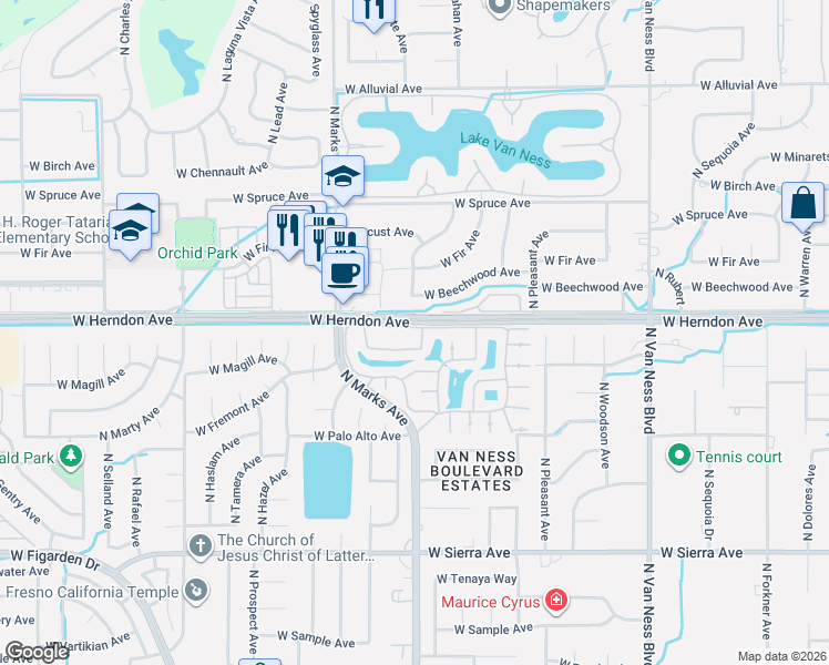 map of restaurants, bars, coffee shops, grocery stores, and more near 2973 West Silverhill Lane in Fresno