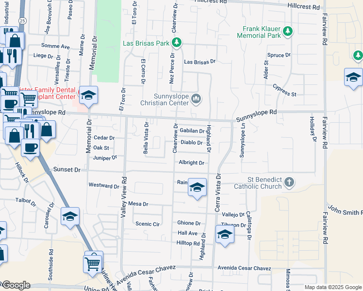 map of restaurants, bars, coffee shops, grocery stores, and more near 1600 Clearview Drive in Hollister