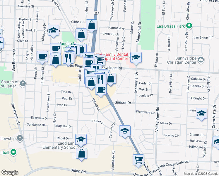 map of restaurants, bars, coffee shops, grocery stores, and more near 1711 Airline Highway in Hollister