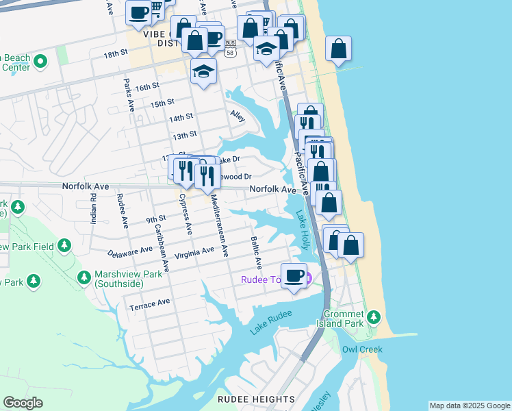 map of restaurants, bars, coffee shops, grocery stores, and more near 438 9th Street in Virginia Beach