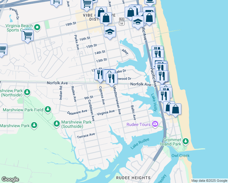 map of restaurants, bars, coffee shops, grocery stores, and more near 908 Mediterranean Avenue in Virginia Beach