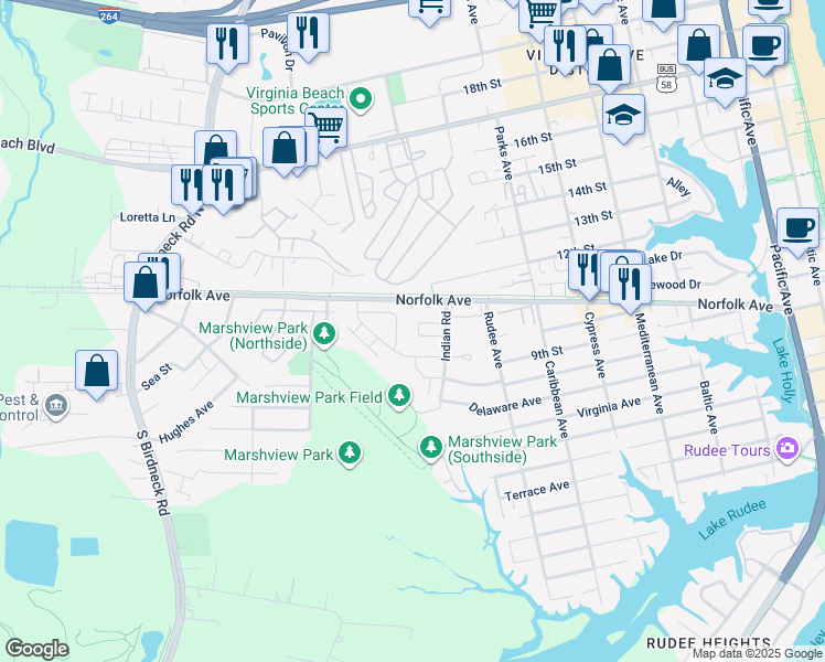 map of restaurants, bars, coffee shops, grocery stores, and more near 434 Marsh Duck Way in Virginia Beach